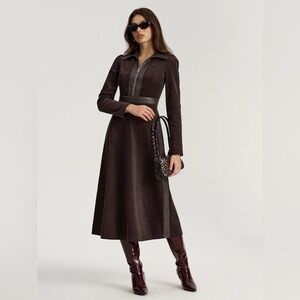 Faux Leather Panel Corduroy Midi Dress